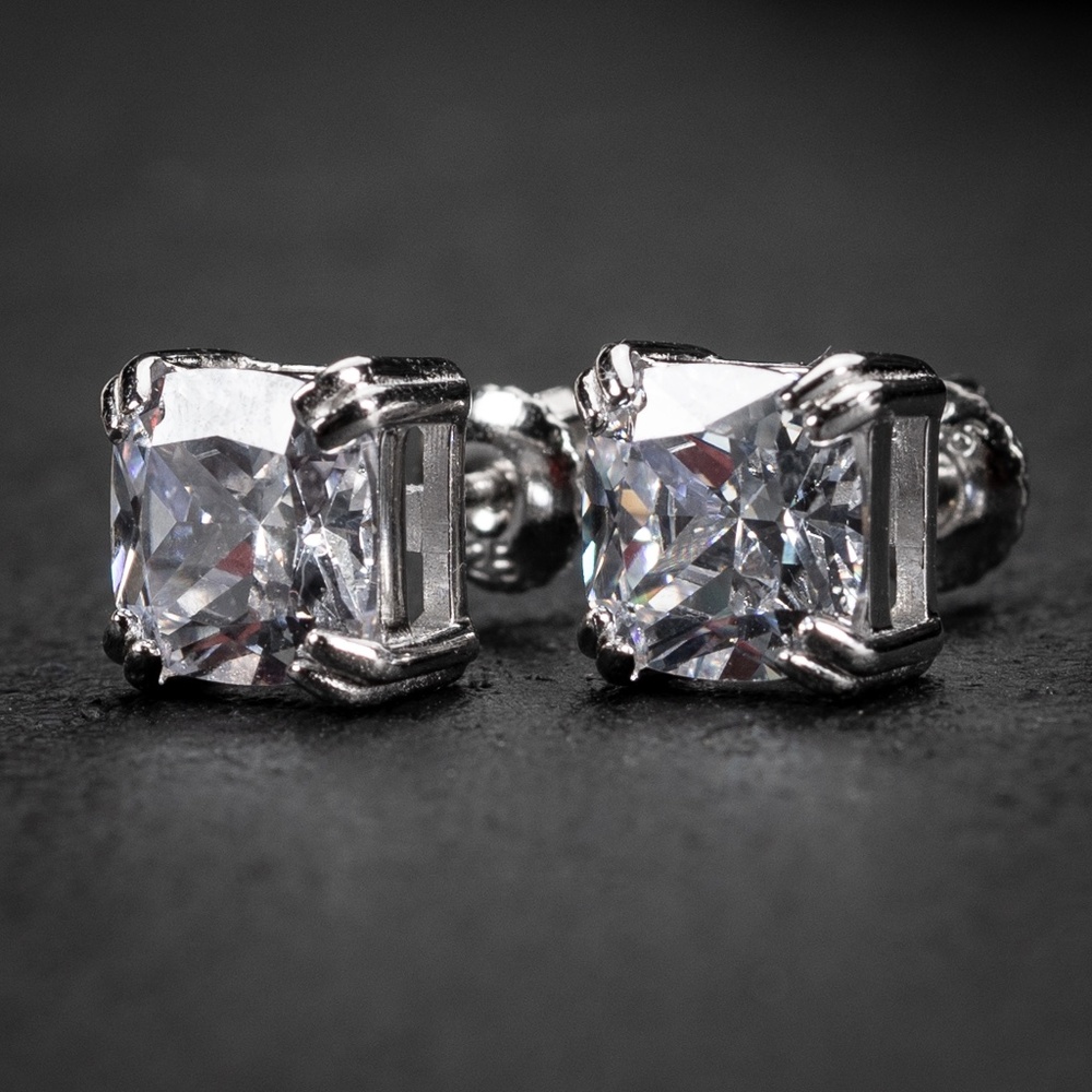 Mens Cushion Cut Iced White Gold Plated 925 Sterling Silver Stud Earrings